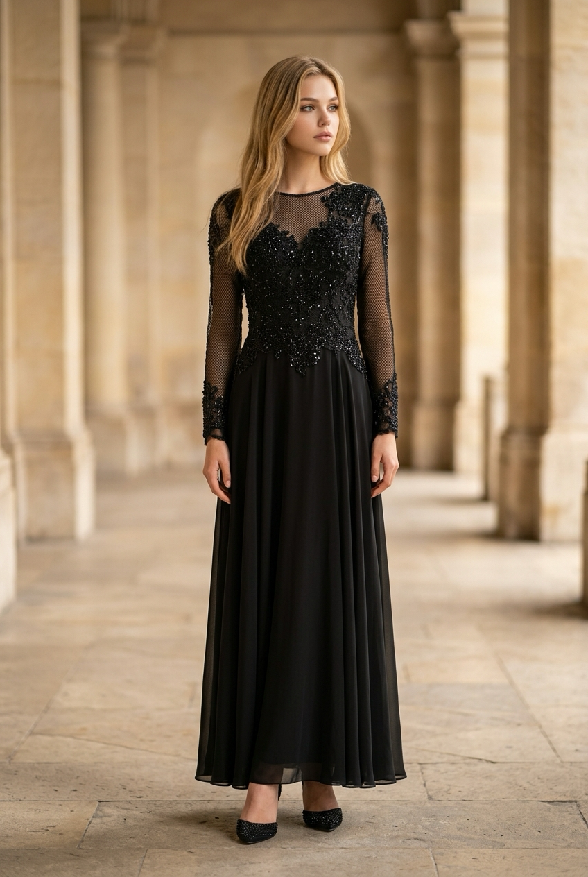 Schwarz Chiffonkleid
